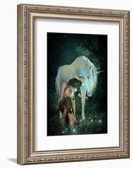 Girl Unicorn and Fireflies  -null-Framed Art Print