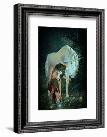 Girl Unicorn and Fireflies  -null-Framed Art Print