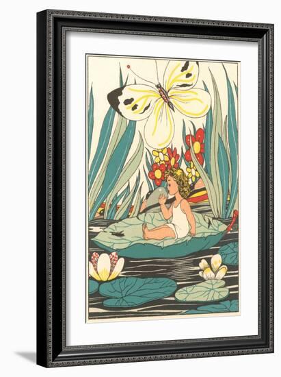 Girl Waking on Floating Leaf-null-Framed Art Print