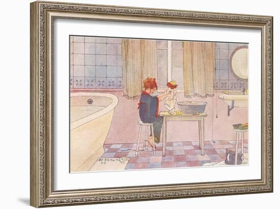 Girl Washing Doll in Bathroom-null-Framed Art Print