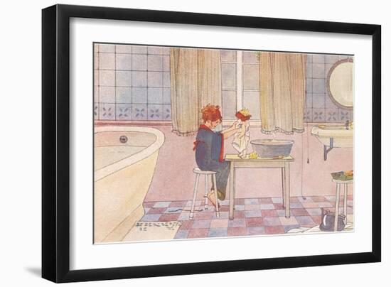 Girl Washing Doll in Bathroom-null-Framed Art Print