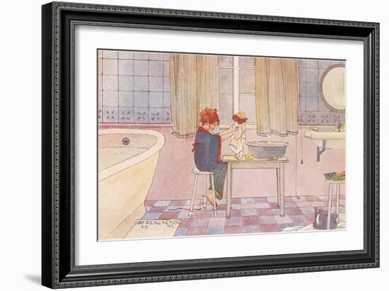 Girl Washing Doll in Bathroom-null-Framed Art Print