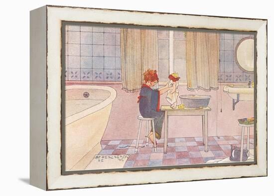 Girl Washing Doll in Bathroom-null-Framed Stretched Canvas