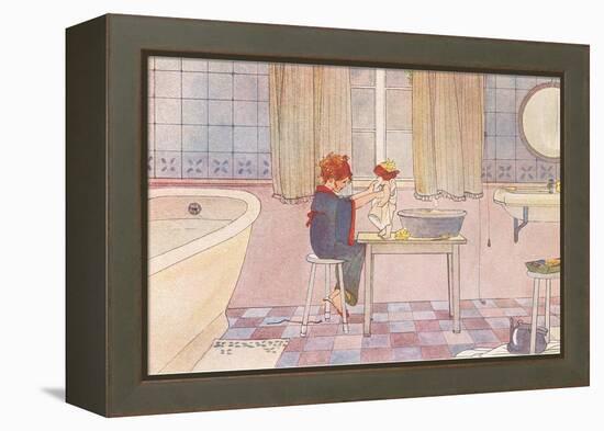 Girl Washing Doll in Bathroom-null-Framed Stretched Canvas