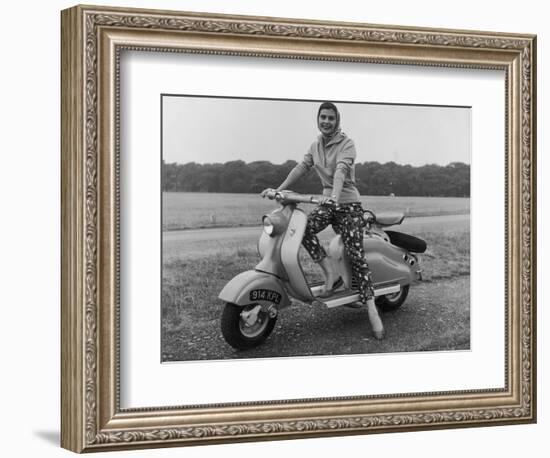 Girl Wearing a Headscarf and Jazzy Slacks Models a Lambretta Ld 125 Mark IV Scooter-null-Framed Photographic Print