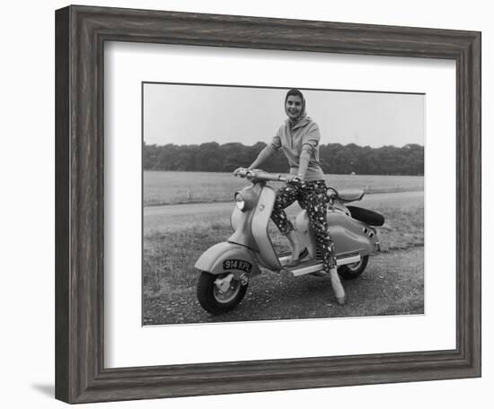 Girl Wearing a Headscarf and Jazzy Slacks Models a Lambretta Ld 125 Mark IV Scooter-null-Framed Photographic Print