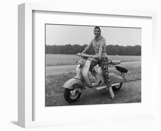 Girl Wearing a Headscarf and Jazzy Slacks Models a Lambretta Ld 125 Mark IV Scooter-null-Framed Photographic Print