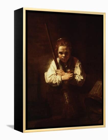 Girl with a Broom, 1640-Rembrandt van Rijn-Framed Premier Image Canvas