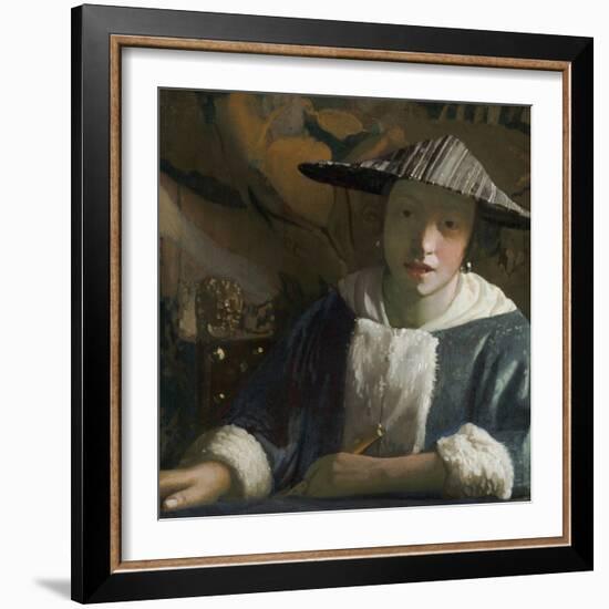 Girl with a Flute, by Johannes Vermeer, c. 1665-70, Dutch painting,-Johannes Vermeer-Framed Art Print