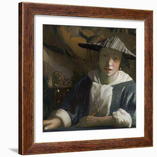 Girl with a Flute, by Johannes Vermeer, c. 1665-70, Dutch painting,-Johannes Vermeer-Framed Premium Giclee Print