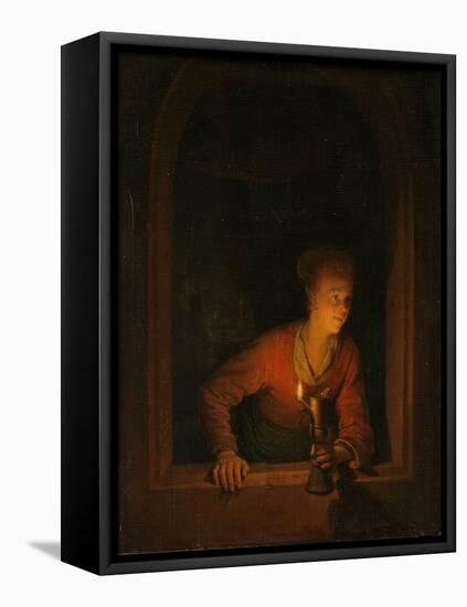 Girl with an Oil Lamp at a Window, 1645-75-Gerrit or Gerard Dou-Framed Premier Image Canvas