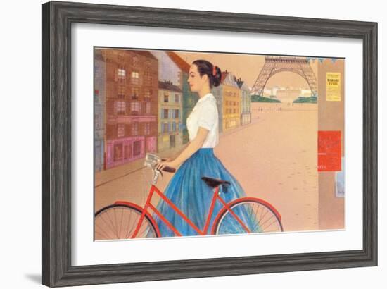 Girl with Bicycle in Front of Eiffel Tower-null-Framed Art Print