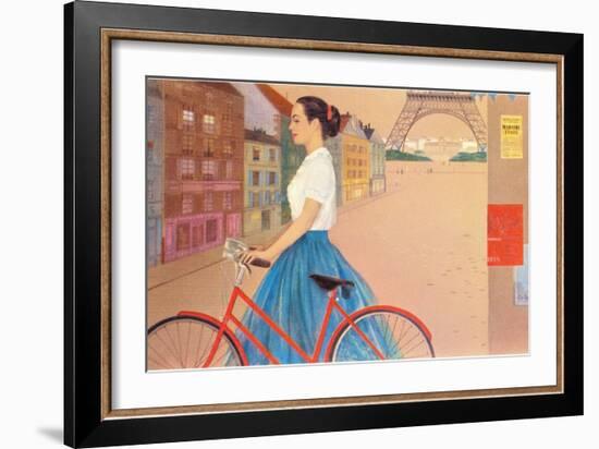 Girl with Bicycle in Front of Eiffel Tower-null-Framed Art Print