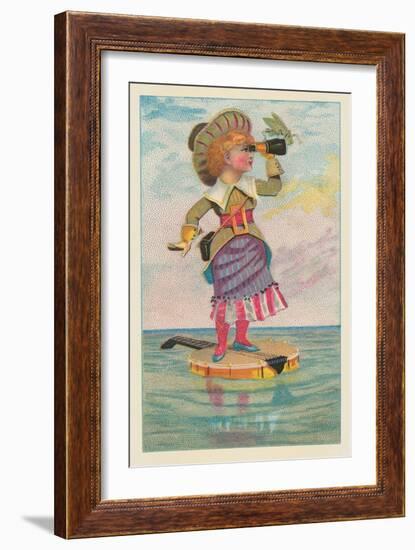 Girl with Binoculars on Floating Banjo-null-Framed Premium Giclee Print