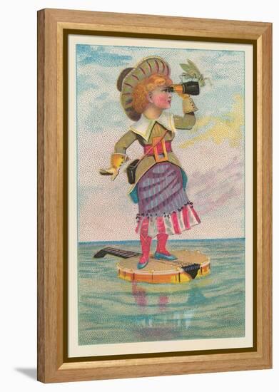 Girl with Binoculars on Floating Banjo-null-Framed Stretched Canvas