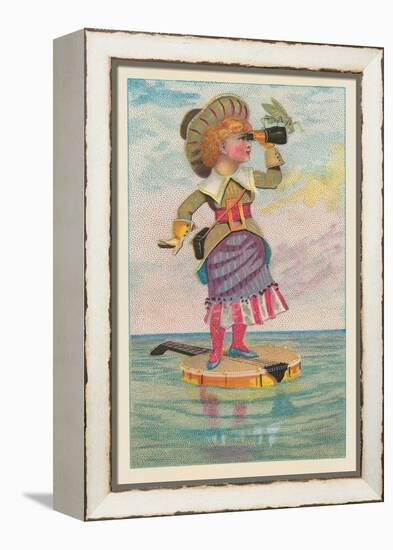 Girl with Binoculars on Floating Banjo-null-Framed Stretched Canvas