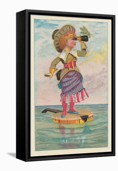 Girl with Binoculars on Floating Banjo-null-Framed Stretched Canvas