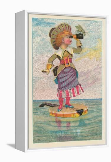 Girl with Binoculars on Floating Banjo-null-Framed Stretched Canvas