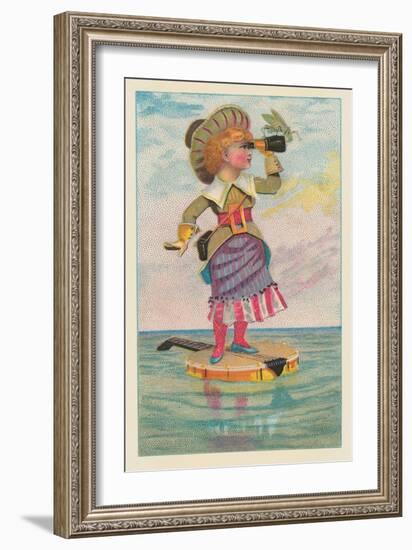 Girl with Binoculars on Floating Banjo-null-Framed Art Print