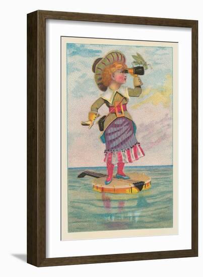 Girl with Binoculars on Floating Banjo-null-Framed Art Print