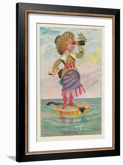 Girl with Binoculars on Floating Banjo-null-Framed Art Print