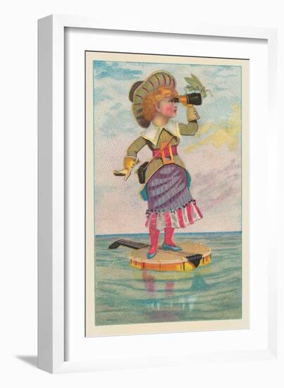 Girl with Binoculars on Floating Banjo-null-Framed Art Print