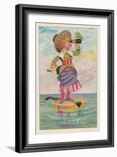 Girl with Binoculars on Floating Banjo-null-Framed Art Print