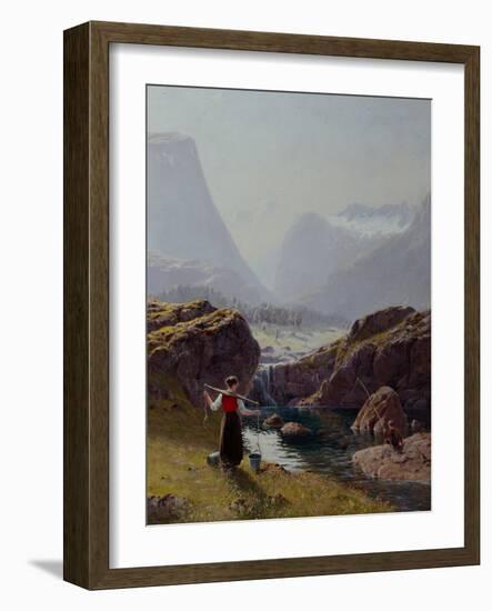 Girl with Buckets of Water and Boy Fishing-Hans Andreas Dahl-Framed Giclee Print