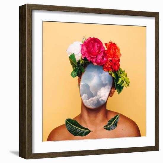 Girl with Clouds instead of a Face and a Crown of Flowers. Contemporary Art Collage. Abstract Surre-null-Framed Photographic Print