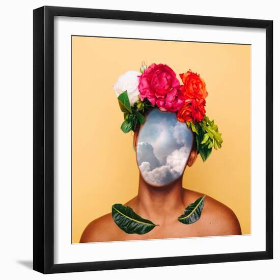 Girl with Clouds instead of a Face and a Crown of Flowers. Contemporary Art Collage. Abstract Surre-null-Framed Photographic Print