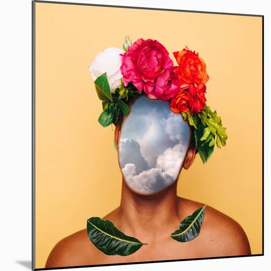 Girl with Clouds instead of a Face and a Crown of Flowers. Contemporary Art Collage. Abstract Surre-null-Mounted Photographic Print