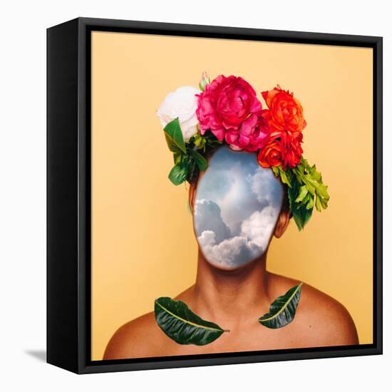 Girl with Clouds instead of a Face and a Crown of Flowers. Contemporary Art Collage. Abstract Surre-null-Framed Stretched Canvas