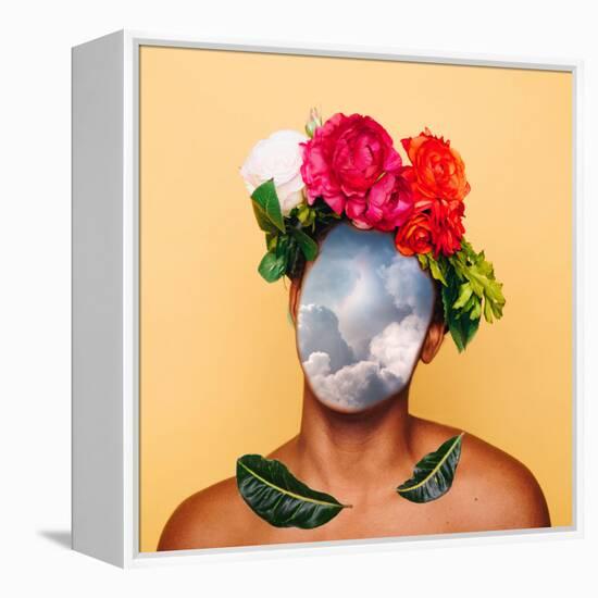 Girl with Clouds instead of a Face and a Crown of Flowers. Contemporary Art Collage. Abstract Surre-null-Framed Stretched Canvas