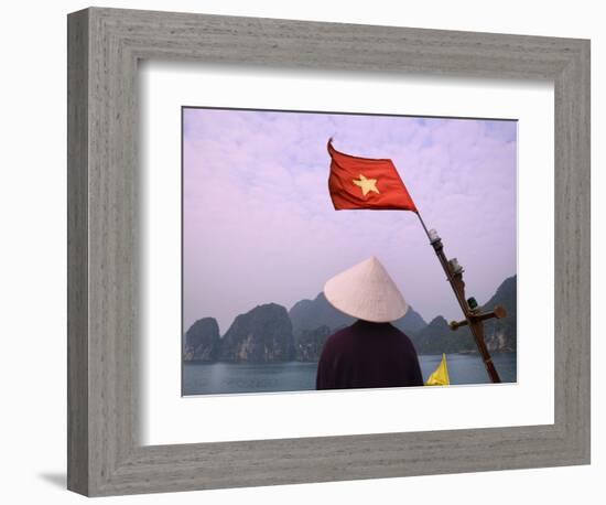 Girl with Conical Hat on a Junk Boat with National Flag and Karst Islands in Halong Bay, Vietnam-Keren Su-Framed Photographic Print