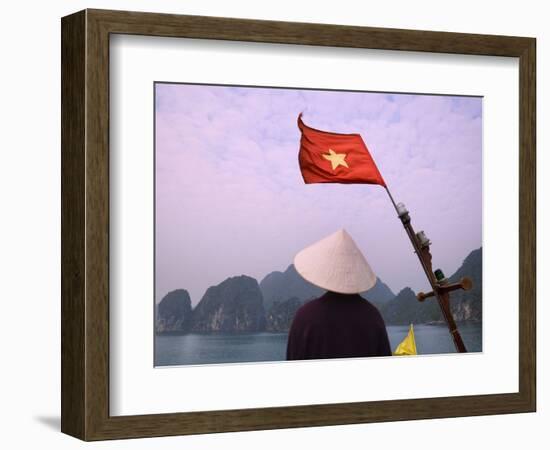 Girl with Conical Hat on a Junk Boat with National Flag and Karst Islands in Halong Bay, Vietnam-Keren Su-Framed Photographic Print