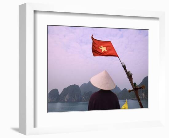 Girl with Conical Hat on a Junk Boat with National Flag and Karst Islands in Halong Bay, Vietnam-Keren Su-Framed Photographic Print