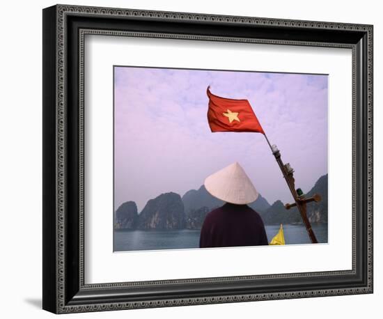 Girl with Conical Hat on a Junk Boat with National Flag and Karst Islands in Halong Bay, Vietnam-Keren Su-Framed Photographic Print