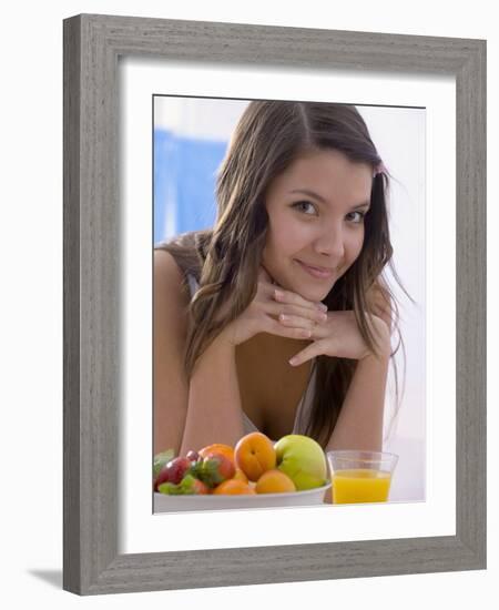 Girl with Fresh Fruit and Orange Juice-null-Framed Photographic Print