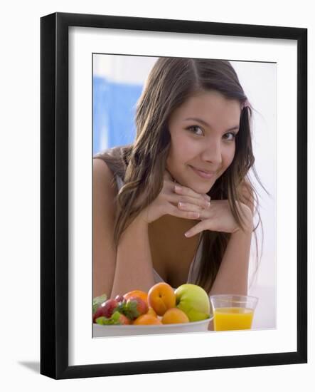 Girl with Fresh Fruit and Orange Juice-null-Framed Photographic Print