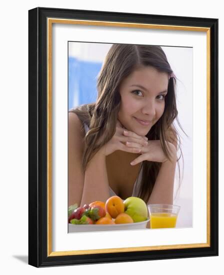 Girl with Fresh Fruit and Orange Juice-null-Framed Photographic Print