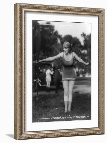 Girl with Oar - Pewaukee Lake, Wisconsin - Vintage-Lantern Press-Framed Art Print