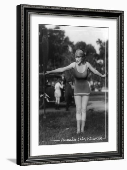 Girl with Oar - Pewaukee Lake, Wisconsin - Vintage-Lantern Press-Framed Art Print