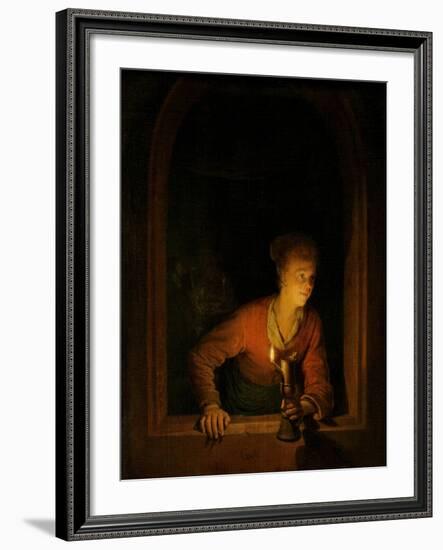 Girl with Oil Lamp at a Window-Gerard Dou-Framed Art Print