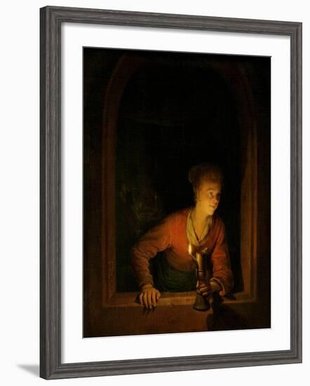 Girl with Oil Lamp at a Window-Gerard Dou-Framed Art Print