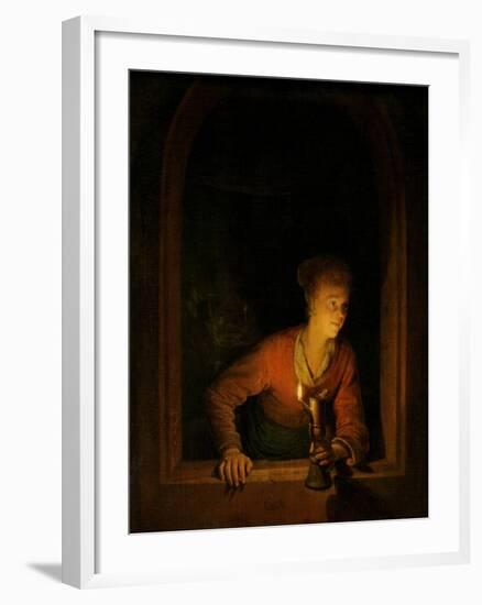 Girl with Oil Lamp at a Window-Gerard Dou-Framed Art Print