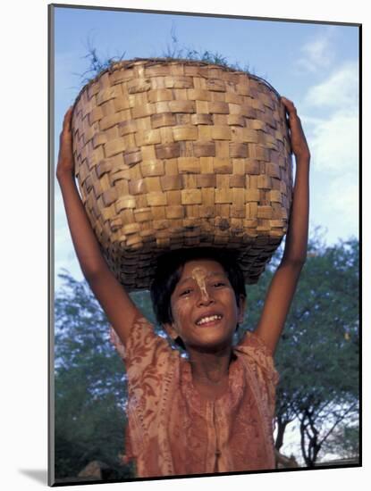 Girl with Painted Face Carrying Basket on Her Head, Myanmar-Keren Su-Mounted Photographic Print