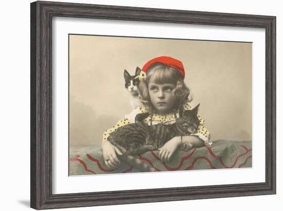 Girl with Red Tam and Two Cats-null-Framed Art Print