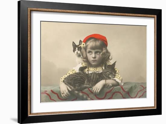 Girl with Red Tam and Two Cats-null-Framed Art Print