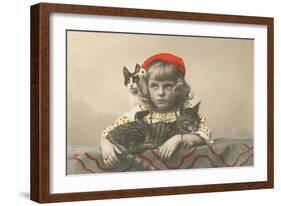 Girl with Red Tam and Two Cats-null-Framed Art Print