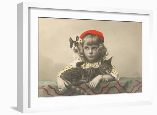 Girl with Red Tam and Two Cats-null-Framed Art Print